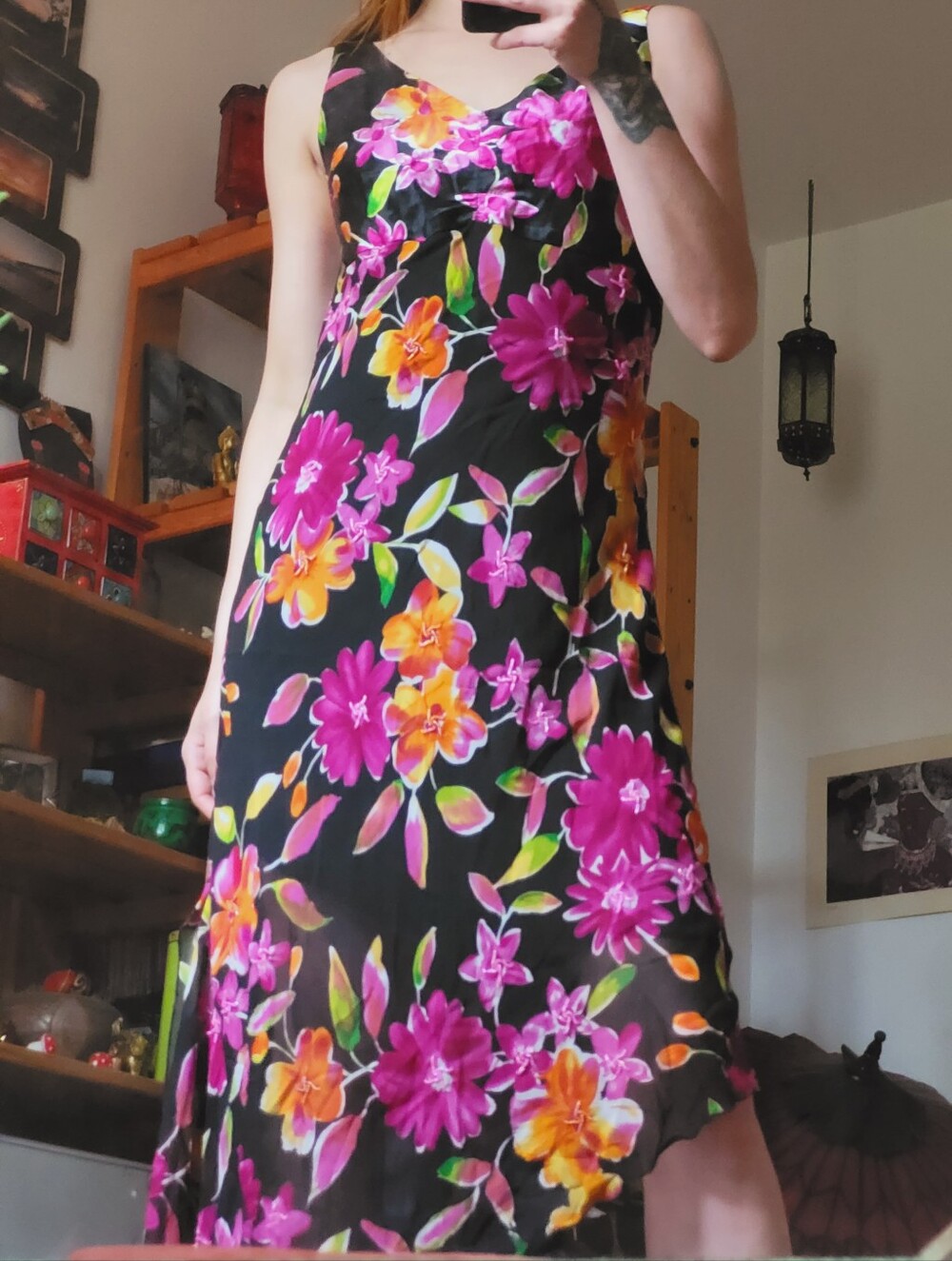 Paraphrase Y2k Beaded 100% Silk Floral Print Black Pink Asymmetrical Dress - L